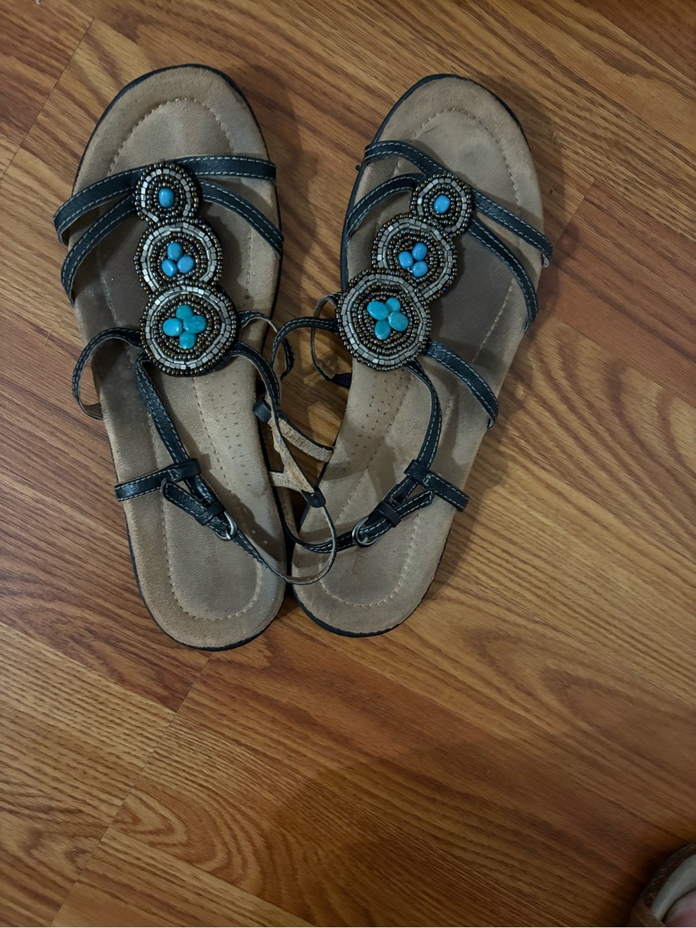 G.H. Bass & Co. Black Sandals with Turquoise Bead Accents